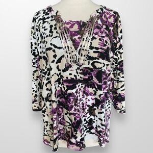 CJ Banks Woman's Size 1X Top‎ Shirt 3/4 Sleeve Cotton Purple Sequin